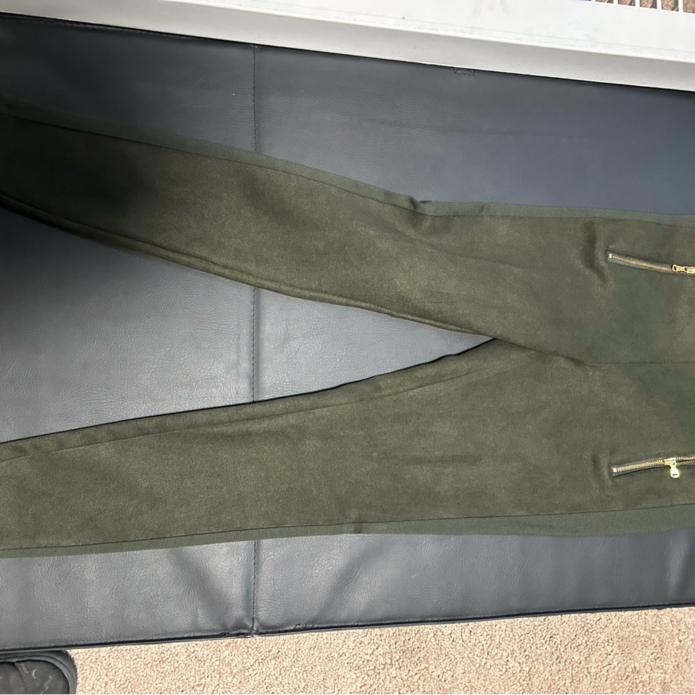 Olive Green Pants with Gold Zipper Accents suede legging